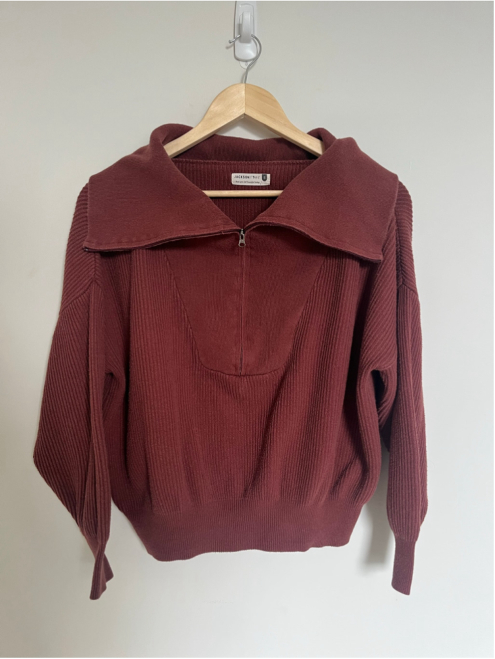 Jackson Rowe Burgundy Ribbed Half-Zip Sweater Maroon Slouchy Layering Sweatshirt
